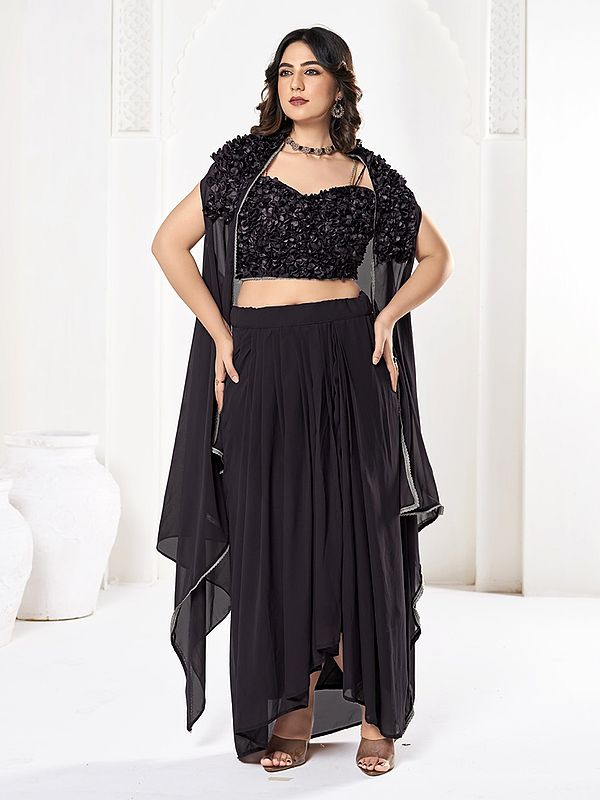Elegant Black Georgette Crop-Top Palazzo Set With Dupatta For Party Occasion