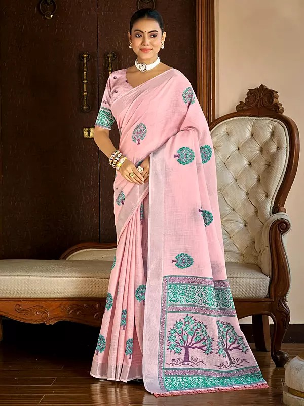 Woven Tree Motifs Attractive Festive Wear Linen Saree With Tassels Pallu