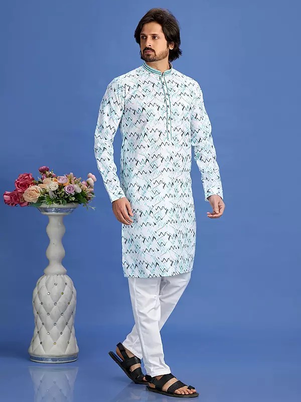 Attractive Zig-Zag Pattern Digital Print And Embroidery Work Cotton Kurta Pajama Set