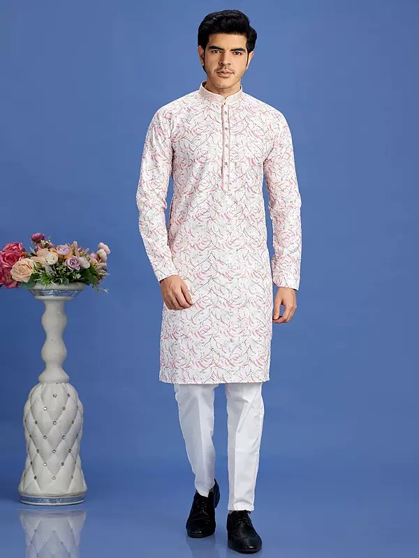 Elegant Cotton Digital Print And Embroidery Work Mandarin Collar Kurta Pajama Set