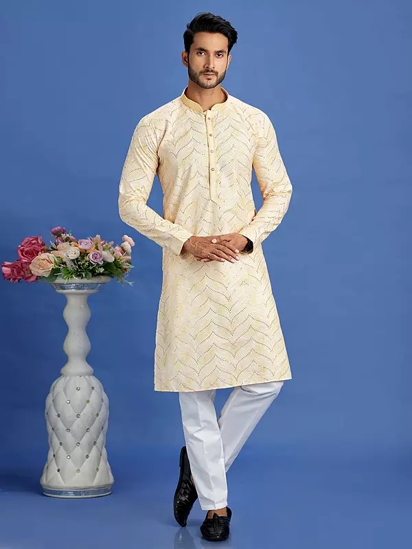 Cotton Embroidery And Sequins Work Mandarin Collar Straight Kurta Pajama Set
