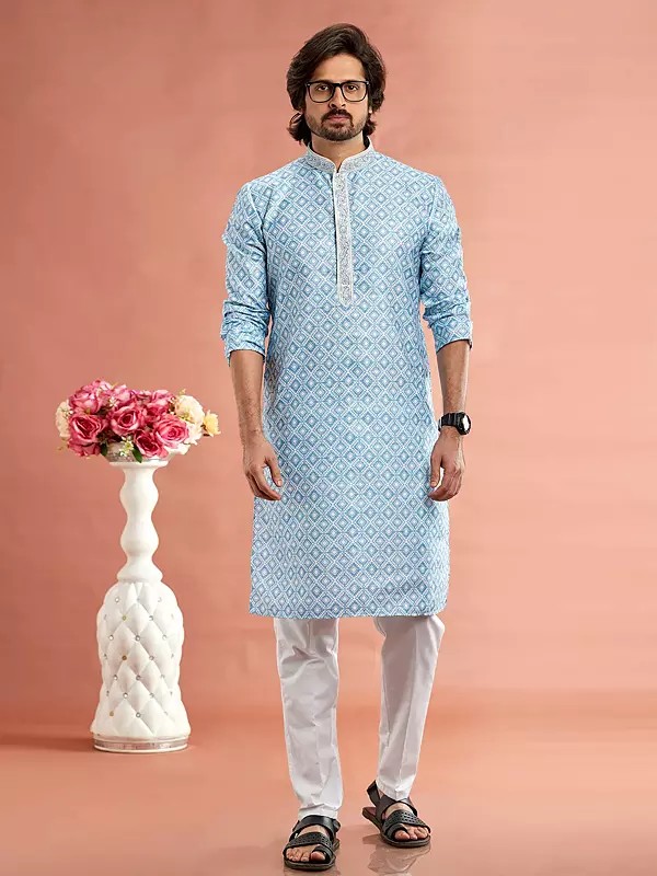 Attractive Digital Print Mandarin Collar Straight Cotton Festive Wear Kurta Pajama Set
