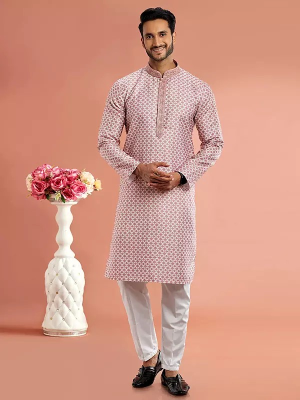 Designer Cotton Digital Print Mandarin Collar Straight Kurta Pajama Set For Festive Occasion