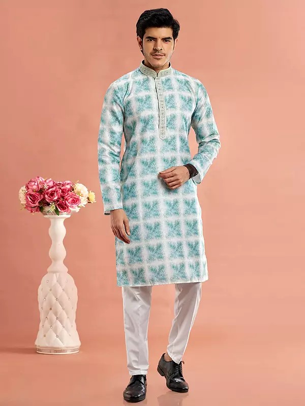 Cotton Geometric Digital Print Mandarin Collar Straight Kurta Pajama Set