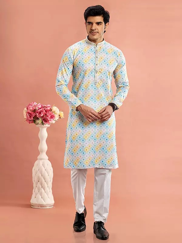 Full Sleeve And Mandarin Collar Straight Digital Print Festive Wear Cotton Kurta Pajama Set