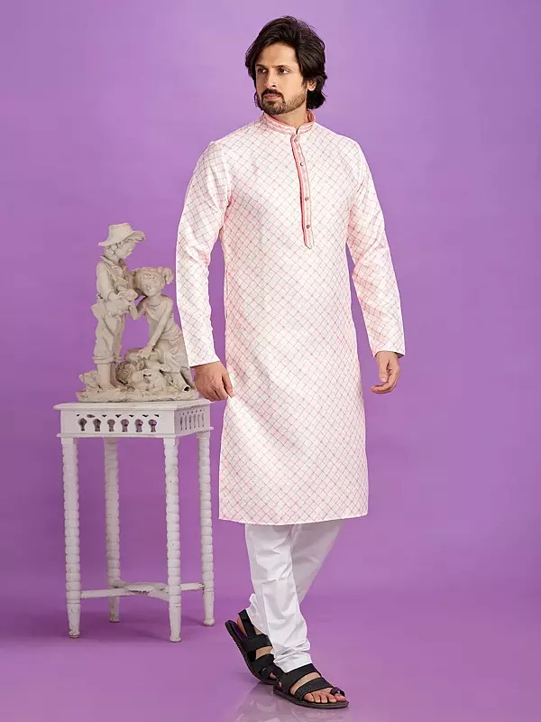 Check Pattern Printed Mandarin Collar Straight Print Festive Wear Cotton Kurta Pajama Set