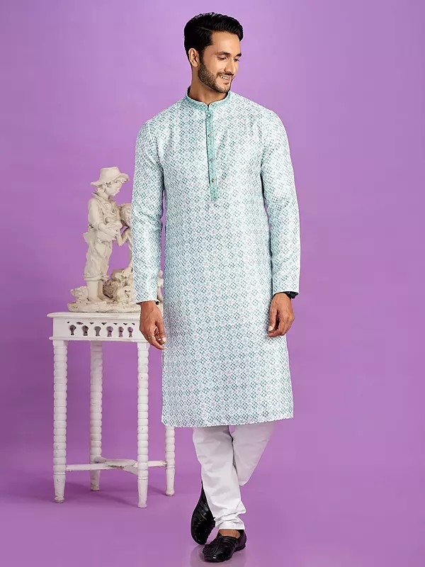 Semi Cotton Designer Digital Print And Mandarin Collar Straight Kurta Pajama Set