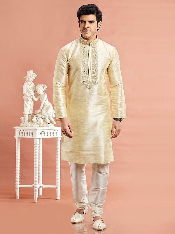 Banarasi Art Silk Embroidery Work Straight Kurta Mandarin Collar Kurta Pajama Set
