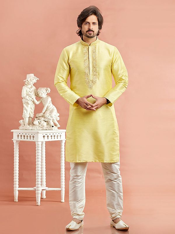 Elegant Banarasi Art Silk Embroidery Work Straight Full Sleeve Kurta Pajama Set