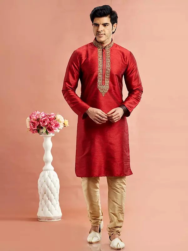 Stunning Embroidery Work Straight Full Sleeve Festive Wear Kurta Pajama Set
