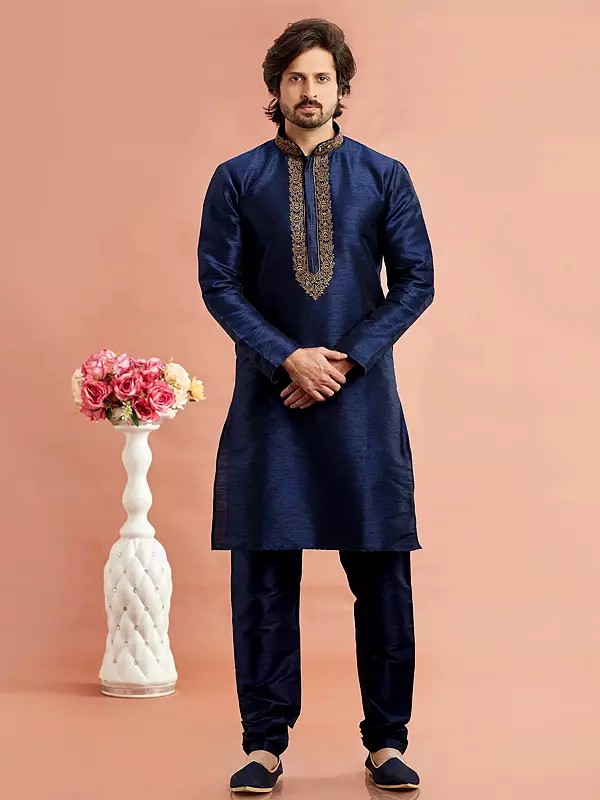 Designer Embroidery Work On Neck Straight Banarasi Art Silk Kurta Pajama Set