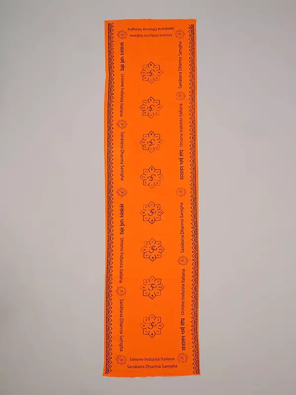 Persimmon-Ornage Pure Cotton Prayer Scarf with Printed Sanatana Dharma Samgha and Om Symbol