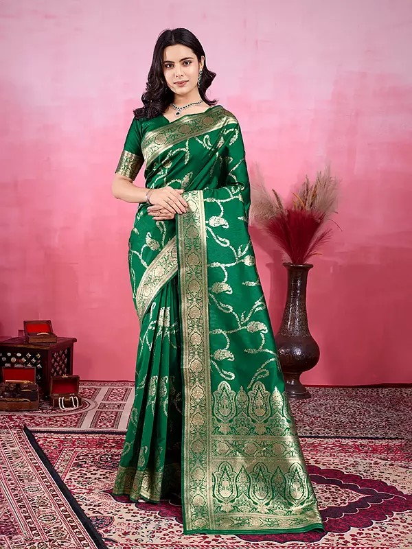 Attractive Soft Lichi Silk Weaving Work Festive Wear Saree With Contrast Pallu