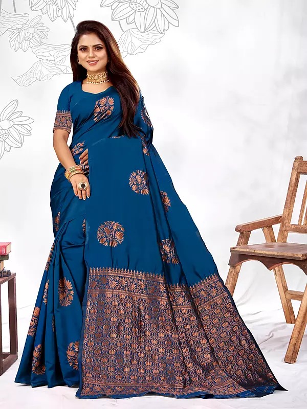 Floral Woven Work Lichi Silk Elegant Festive Wear Saree With Matching Blouse