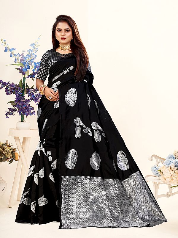 Black Musical Instrument Motifs Weaving Work Lichi Silk Festive Wear Saree With Blouse