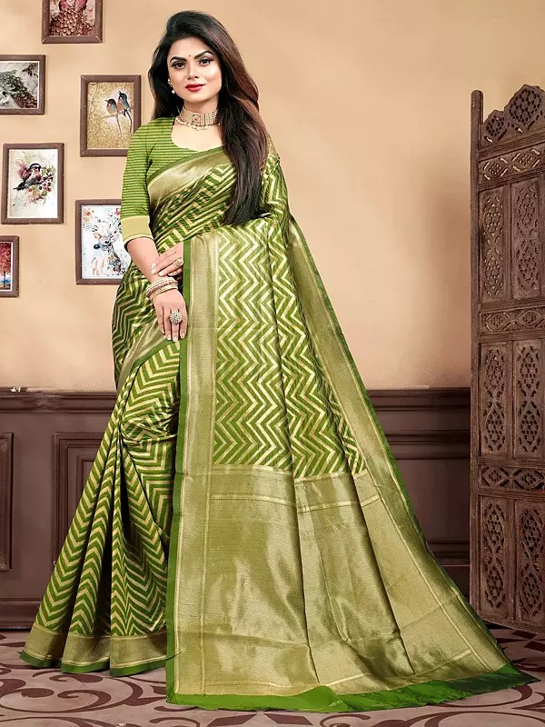 Zig-Zag Pattern Lichi Silk Attractive Festive Wear Saree With Matching Blouse