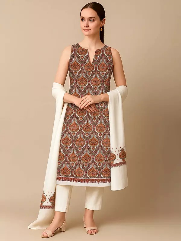 Three-Piece Salwar Kameez with Dupatta and Heavy Embroidered Floral Motifs