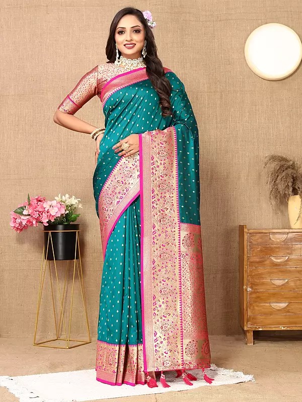 Small Buti Woven Motifs Wide Border Festive Wear Banarasi Silk Saree