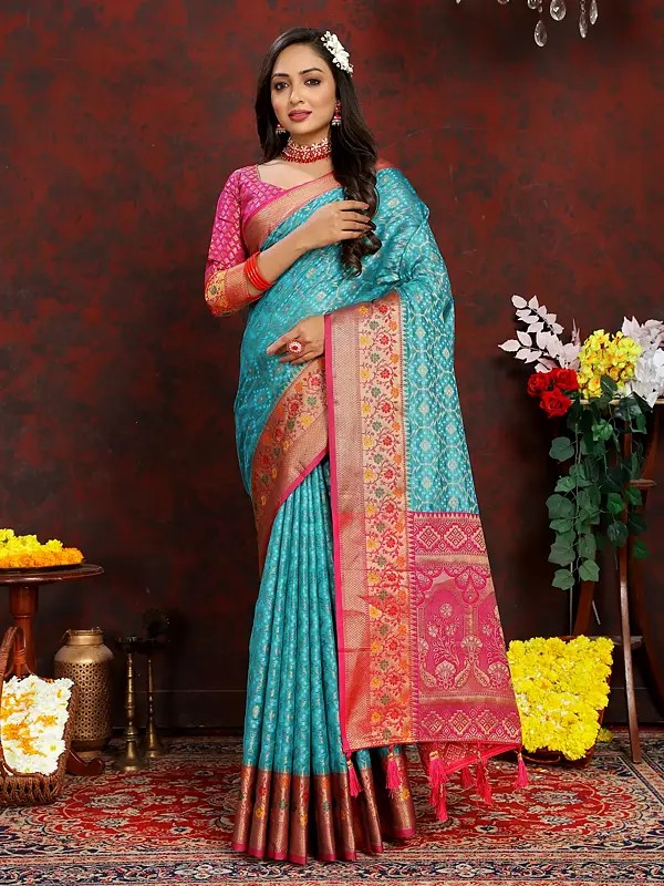 Elegant Wide Border Weaving Work Festive Wear Banarasi Silk Saree With Tassels Pallu