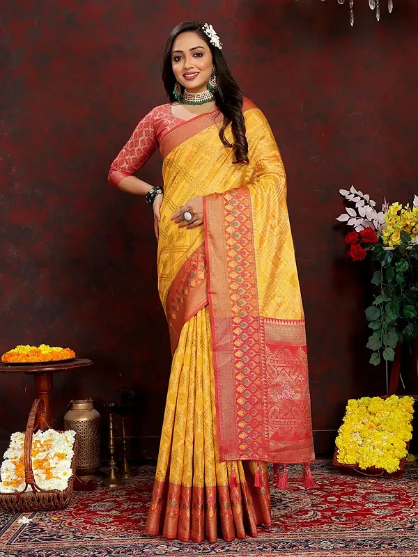 Traditional Banarasi Silk Wide Border Attractive Festive Wear Saree With Contrast Tassels Pallu