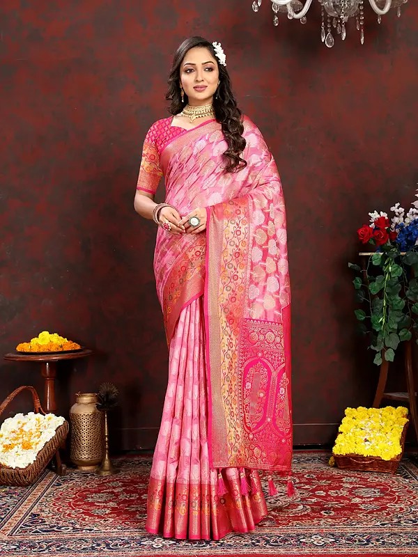Banarasi Silk Tree Motifs Attractive Wide Border Festive Wear Saree With Contrast Tassels Pallu