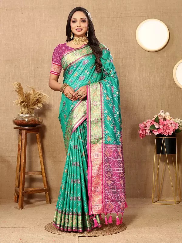 Patola Silk Elegant Weaving Work Floral Print Border Festive Wear Saree With Tassels Pallu