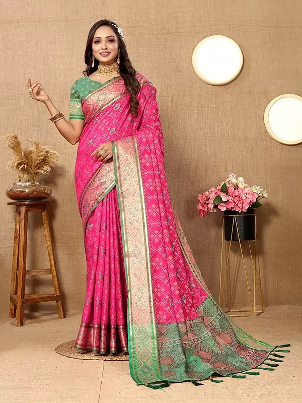 Stunning Patola Silk Weaving Work Festive Wear Saree With Contrast Tassels Pallu