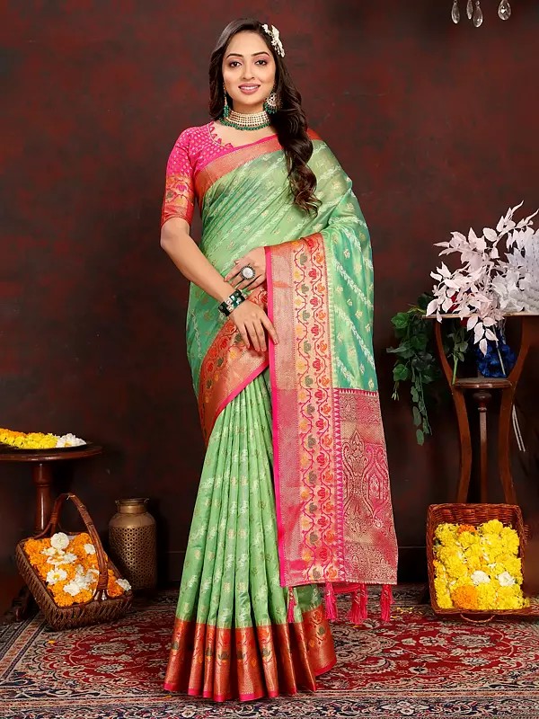 Floral Motifs Weaving Work Traditional Festive Wear Banarasi Silk Saree With Blouse