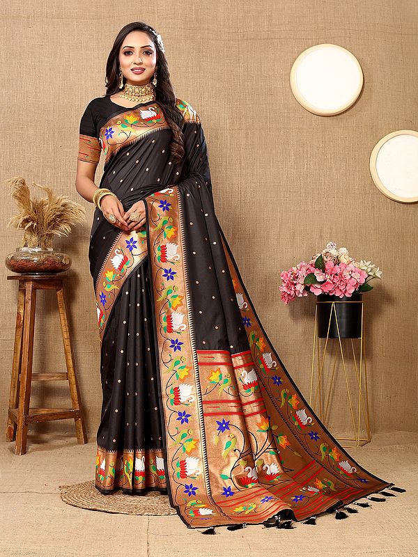 Elegant Paithani Silk Weaving Work Saree With Contrast Tassels Pallu For Festive Occasion