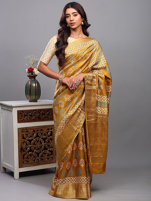 Olive-Oil Floral Block-Printed Saree with Zari woven Golden Thread Border from Madhya Pradesh