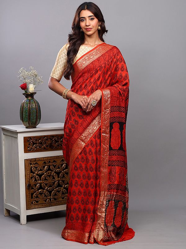 Spicy-Orange Dola Silk Saree with Block Printed Motifs and Zari woven Lotus Bail Border