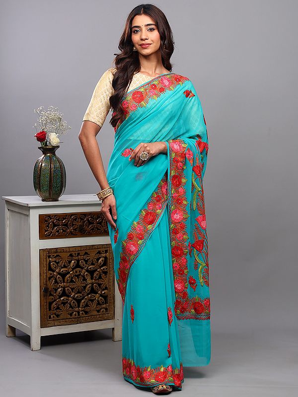 Spectra-Green Georgette Saree from Kashmir with Aari Embroidered Floral Motifs