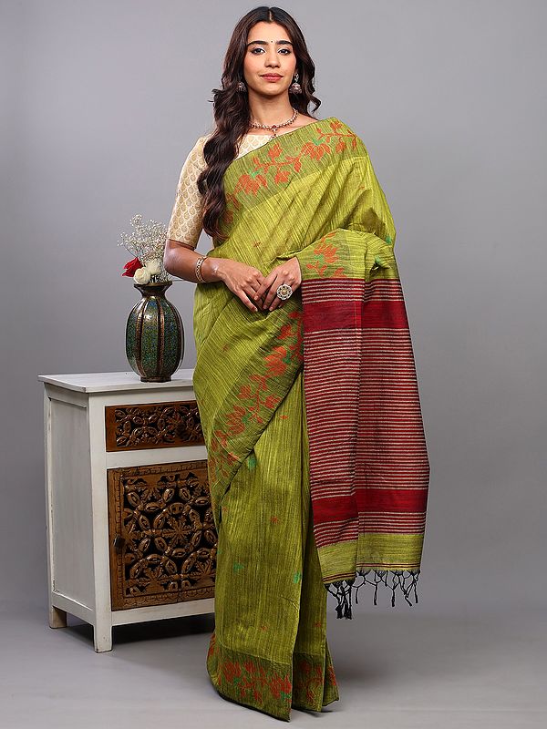 Grenoble-Green Stripes Tangail Saree from Bengal with Woven Lotuses Vine Border