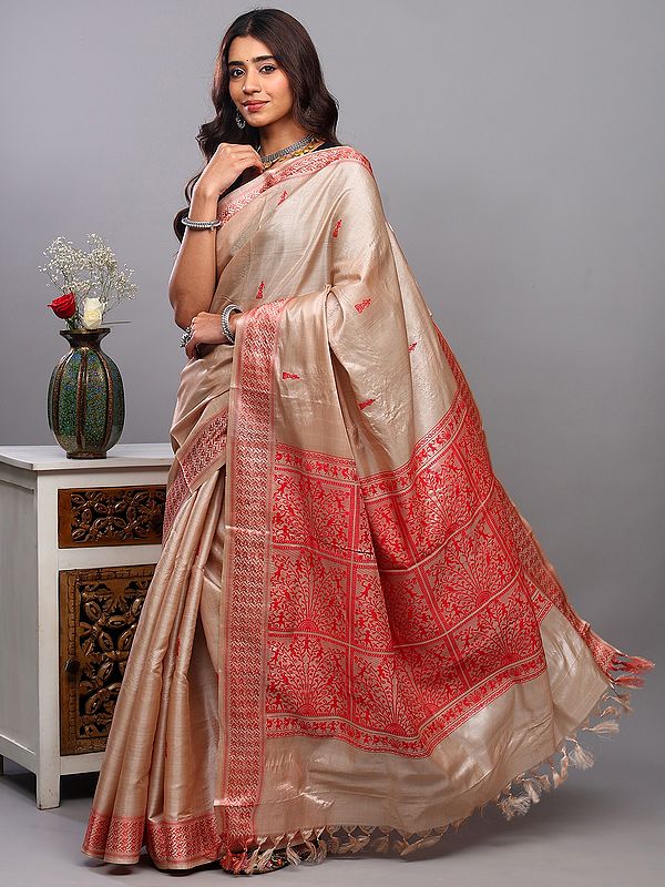 Irish-Cream Handloom Tussar Silk Saree with Woven Tribal Folk Figures from Chhattisgarh