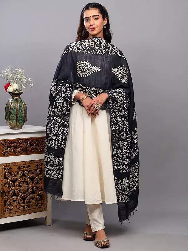 Batik Floral Printed Art Silk Dupatta from Telangana with Fringes