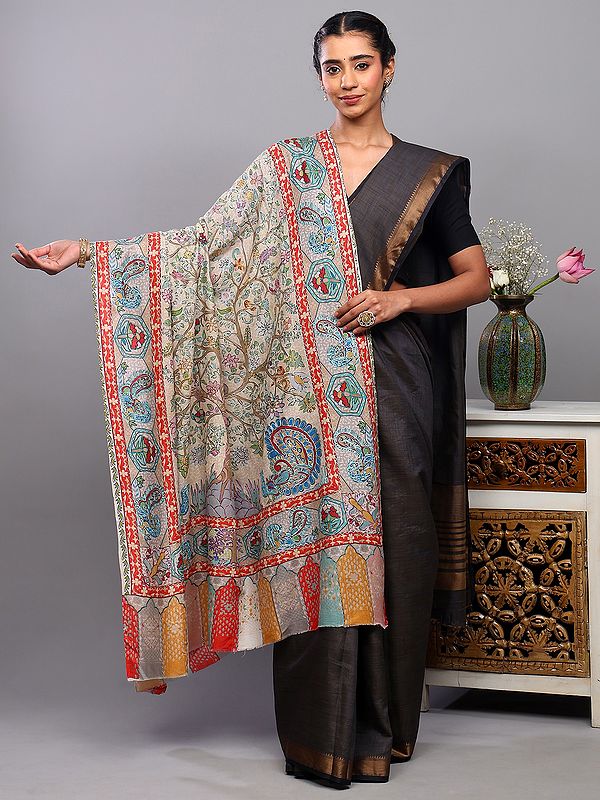 Multicolor Aari Embroidered Kalamkari Shawl with Printed Peacocks and Tree Branchs from Amritsar