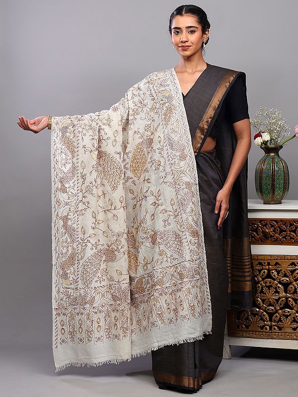 Off-White Pure Pashmina Shawl with Peacock on Tree Branch Embroidered in Golden-Silver Colored Thread on All-Over