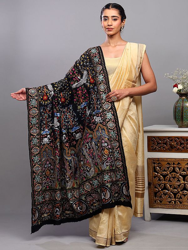 Black-Beauty Pure Pashmina Shawl with Heavily Embroidered Birds and Flowers in Multicolor