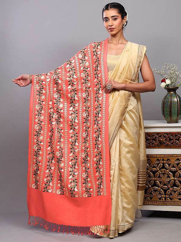 Wool Stole with Aari Embroidered Floral Vines in Multi-Color Thread from Punjab