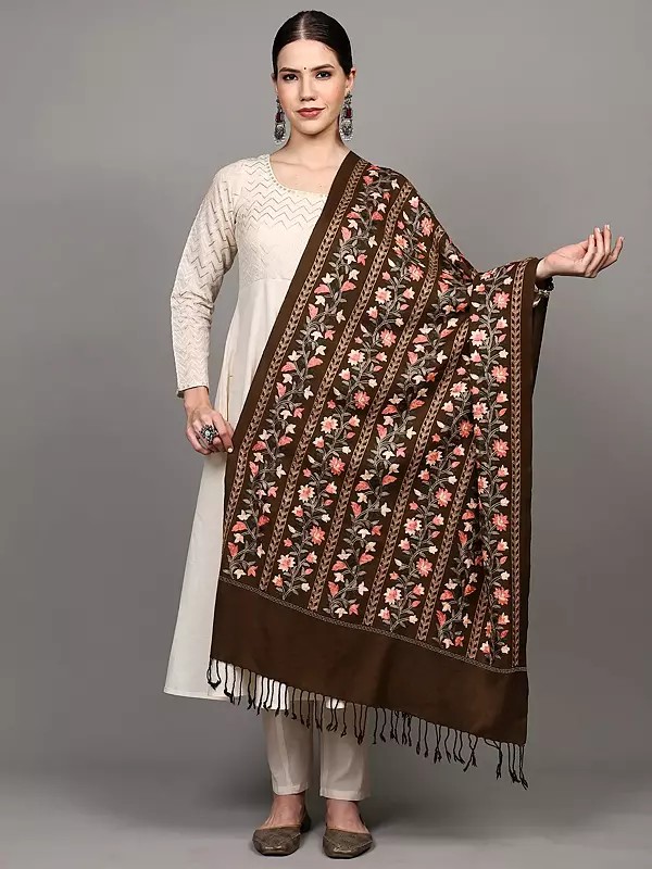 Wool Stole with Aari Embroidered Floral Vines in Multi-Color Thread from Punjab
