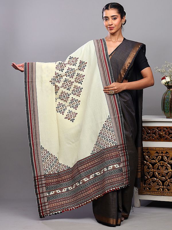 Ivory Shawl from Kutch with Mirror Embroidery and Stripes Border