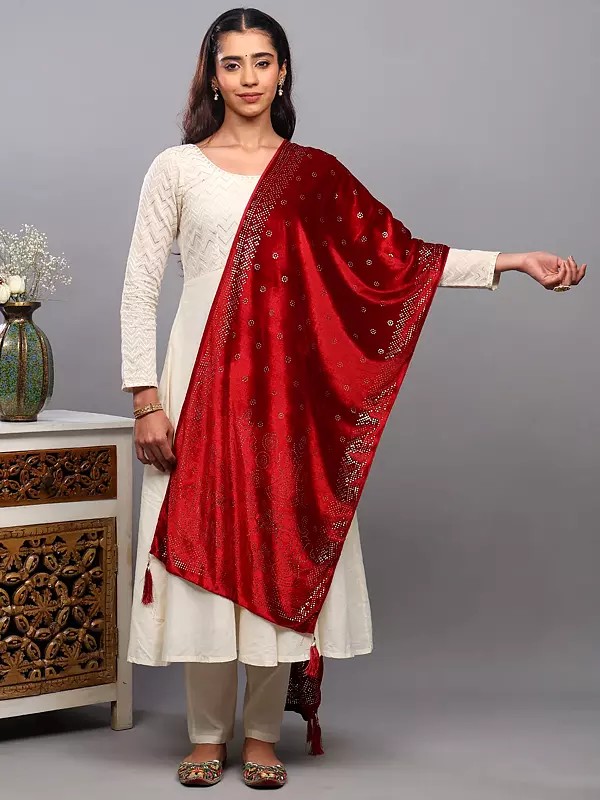 Velvet Stole from Amritsar with Hotfix Stone Work and Latkan Border