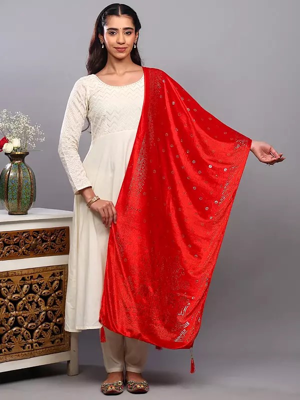 Velvet Stole from Amritsar with Hotfix Stone Work and Latkan Border