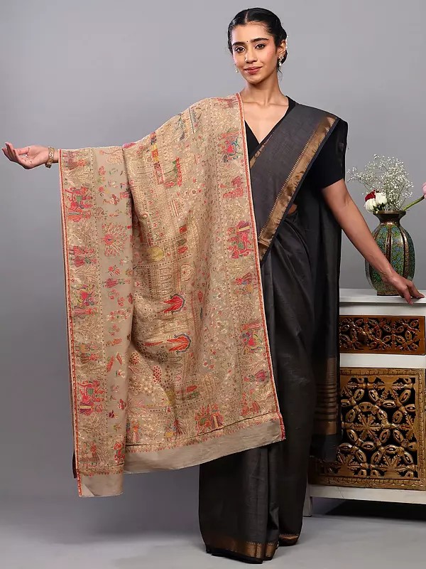 Wool Shawl with Zari work and Multicolor Thread Woven Marriage Procession and Inner Lining