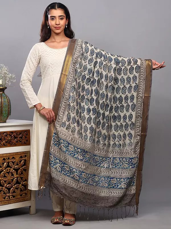 Art Silk Dupatta Featuring Paisley Print and Zari Border