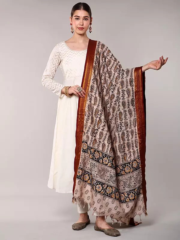 Kalamkari Dupatta from Telangana with Printed Paisleys and Zari Border