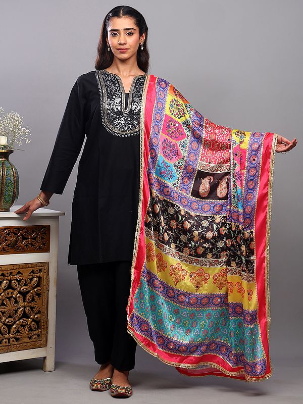 Rainbow Lace Border Dupatta from Amritsar with Printed Flowers-Paisleys and Bead-Mirror work