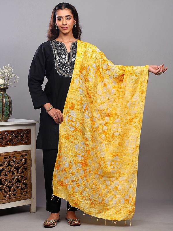 Spectra-Yellow Batik Dyed Printed Dupatta with Fringe Border from Telangana