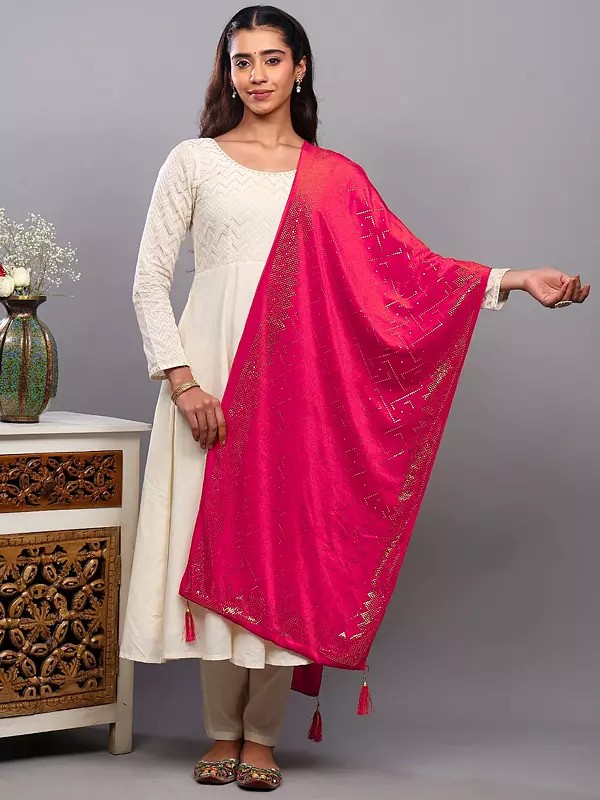 Velvet Stole with Hotfix Rhinestone work on All-Over and Latkan Border from Punjab