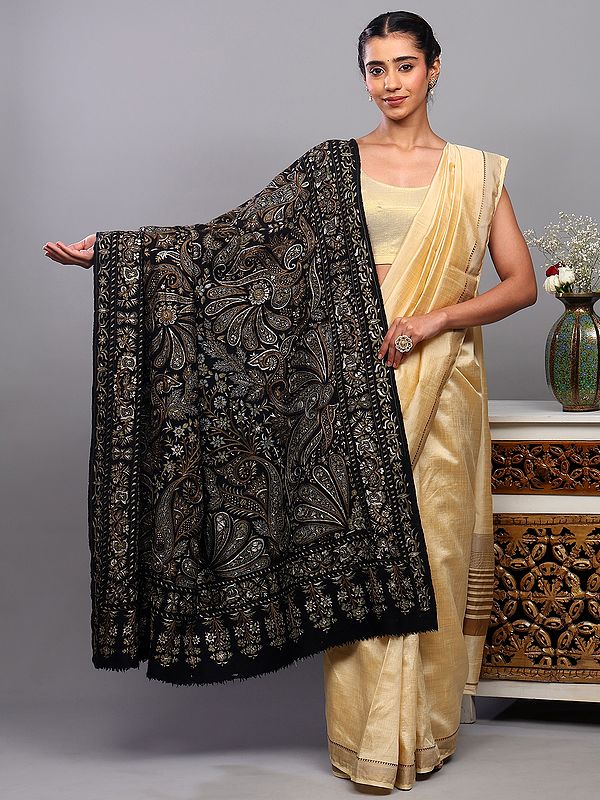 Black-Onyx Pure Pashmina Shawl with Intricate Tilla Embroidered Flowers on All-Over